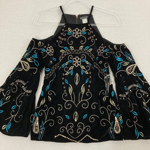 Venus Black Velvet Cold Shoulder Embroidered Flare Sleeve size 2 Boho Whimsigoth - Picture 1 of 11
